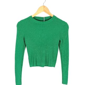 pull court femme style pull crop top manches longues coloris vert encolure ronde effet pull chaussette