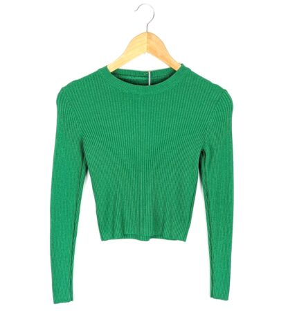 pull court femme style pull crop top manches longues coloris vert encolure ronde effet pull chaussette