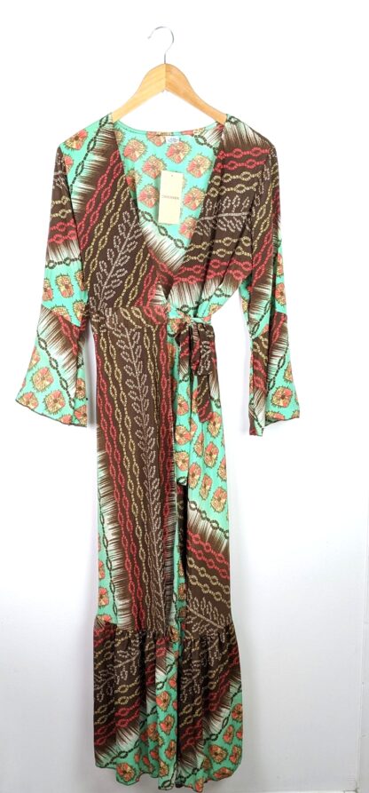 robe longue soie coupe robe longue portefeuille femme style kimono femme soie coloris vert orange et marron manches longues bas de manches évasées taille unique